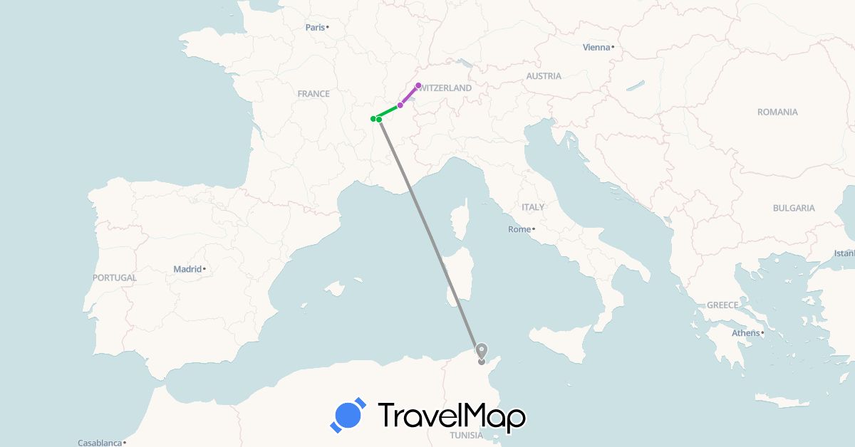 TravelMap itinerary: driving, bus, plane, train in Switzerland, France, Tunisia (Africa, Europe)